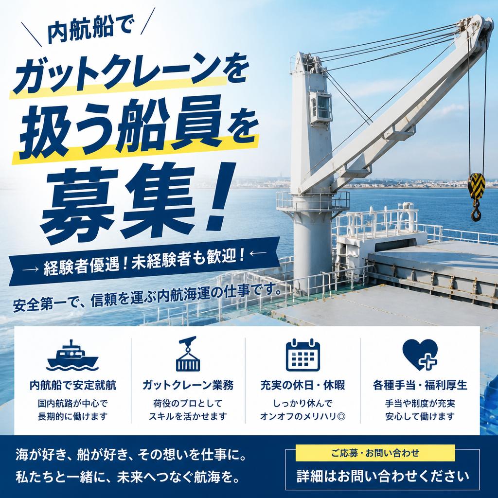 内航船でガットクレーンを扱う船員を募集！
